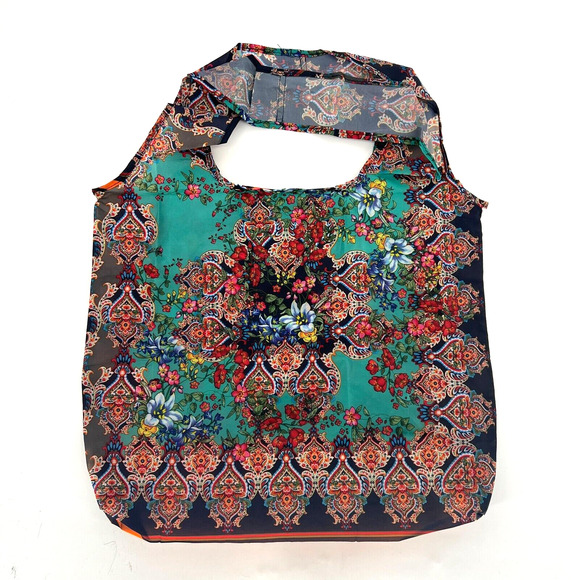 Johnny Was Reusable Bag Floral Paisley Dark Green Red Foldable Packable - Picture 2 of 7